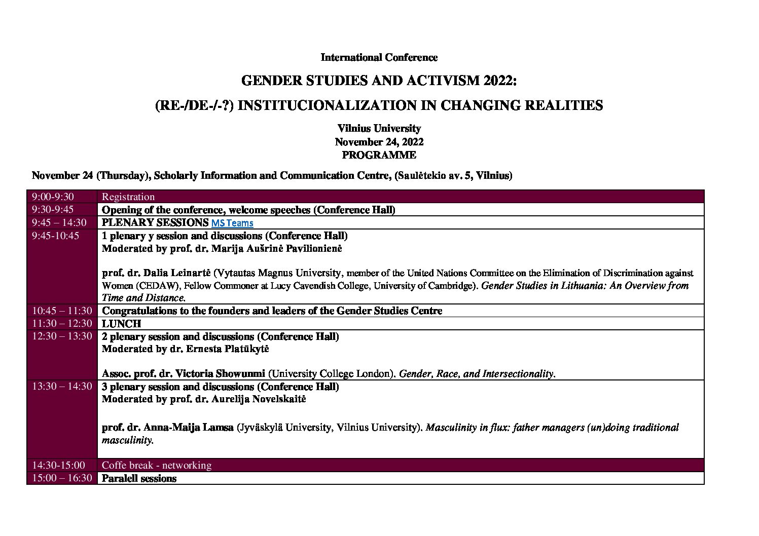 International ConferenceGENDER STUDIES AND ACTIVISM 2022:(RE-/DE-/-?) INSTITUCIONALIZATION IN CHANGING REALITIESVilnius UniversityNovember 24, 2022